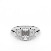 White Gold Emerald Cut Diamond Three Stone Engagement Ring With Emerald Cut Side Stone Prong Setting